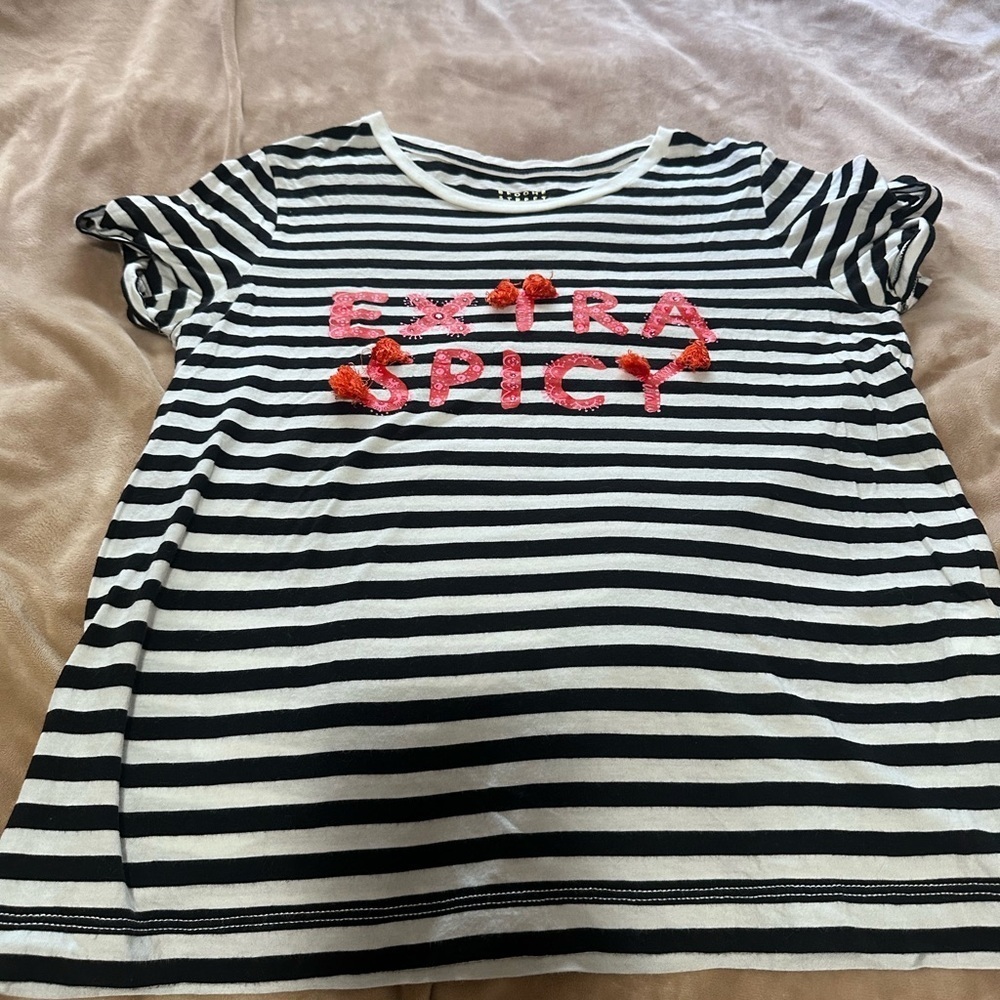 Kate Spade Black and White Striped Tee with Red 'Extra Spicy' Design M